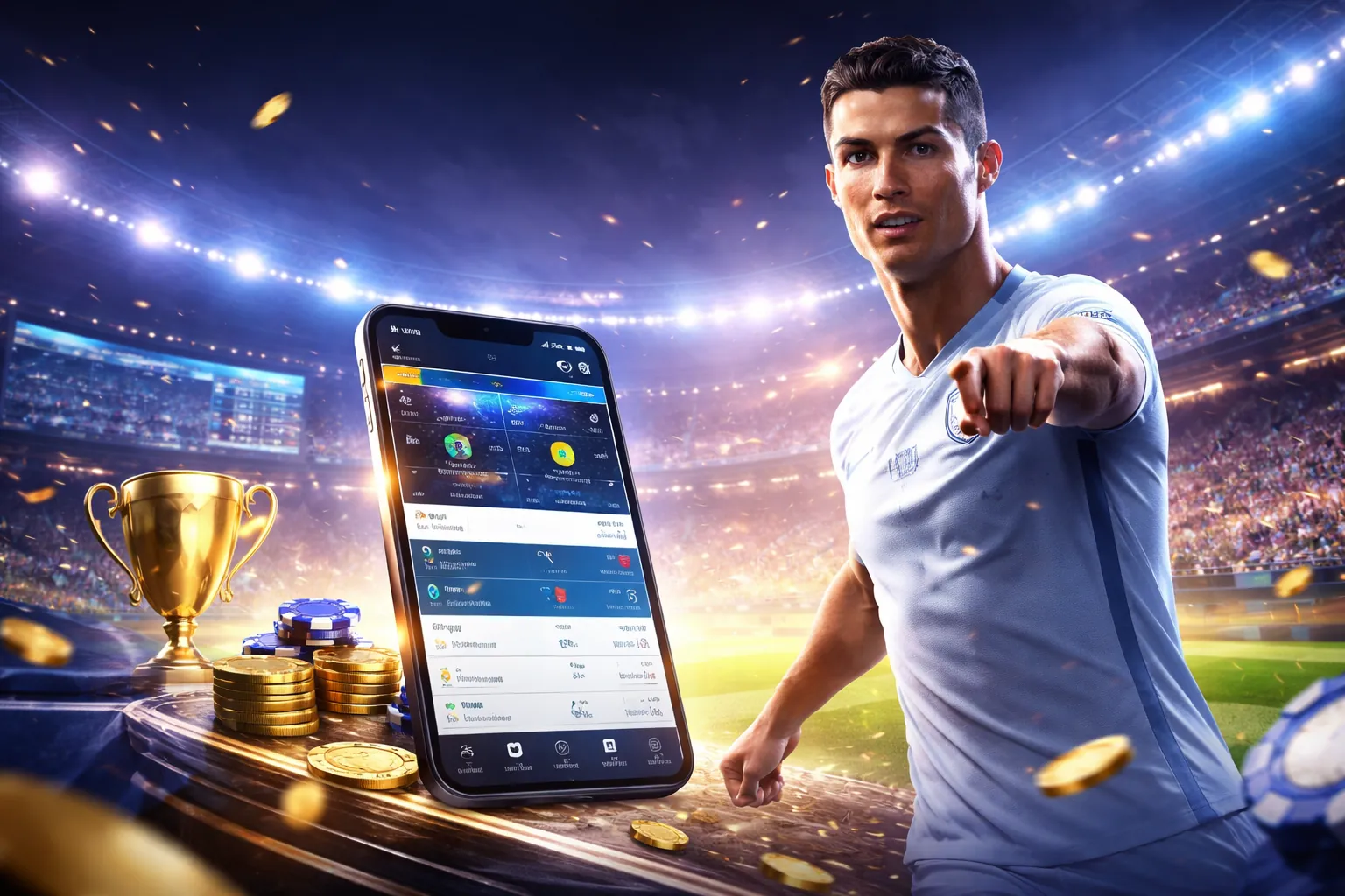 Sân vận động với ánh đèn rực rỡ và người hâm mộ cuồng nhiệt, tượng trưng cho thế giới cá cược thể thao sôi động tại HU88.